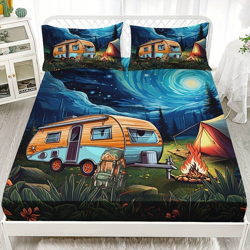 Camping Bedding Set RV Car Tent Camp Fire Graphic Duvet Covers Colorful Unique Gift