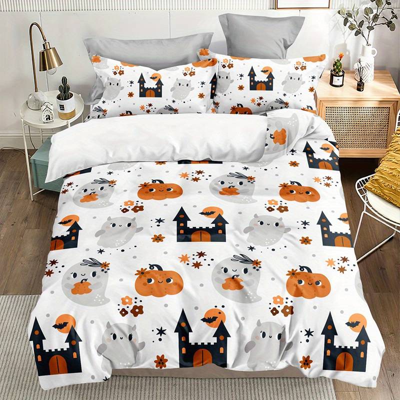 Halloween Bedding Set Cute Ghost Pumpkin Haunted Castle Duvet Covers White Unique Gift