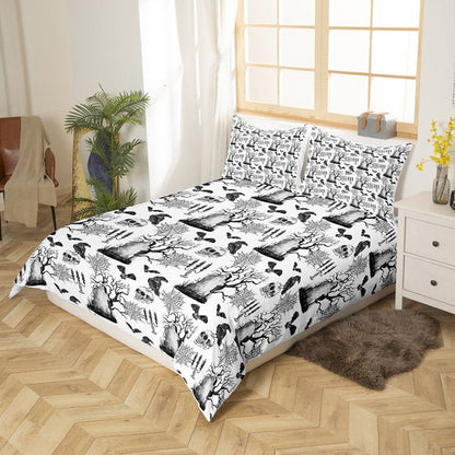 Halloween Bedding Set Skulls Skeleton Bat Spider Web Pattern Duvet Covers Black White Unique Gift