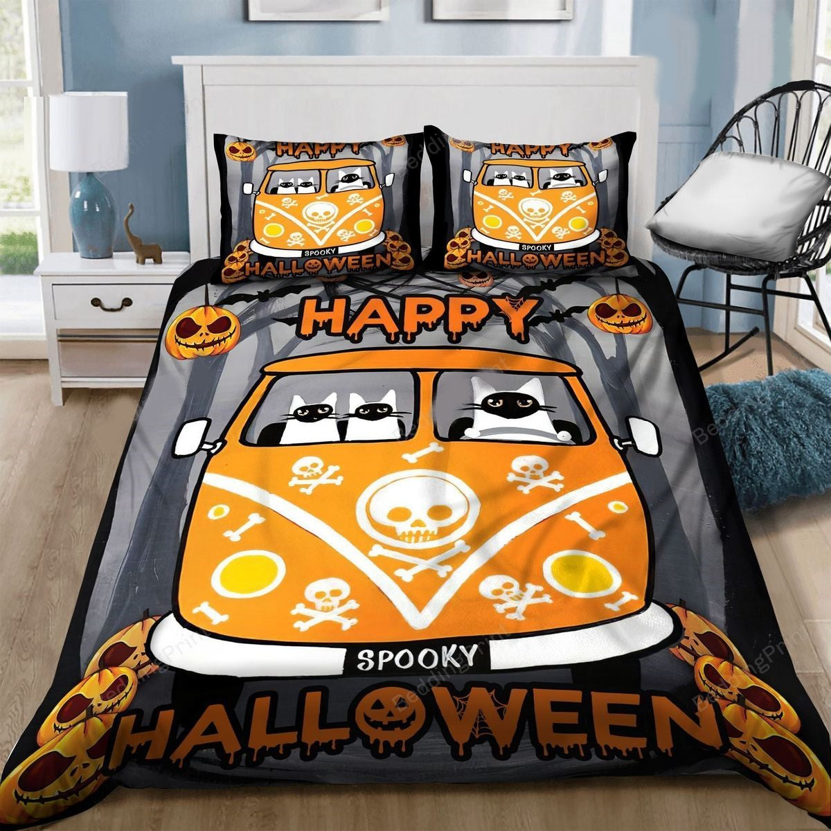 Halloween Bedding Set Happy Spooky Halloween Cats Duvet Covers Gray Orange Unique Gift