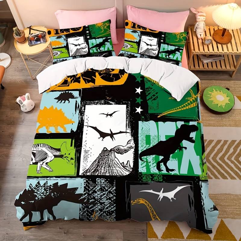 Dinosaur Bedding Set Geometric Dinosaurs Silhouette Graphic Duvet Covers Black White Unique Gift