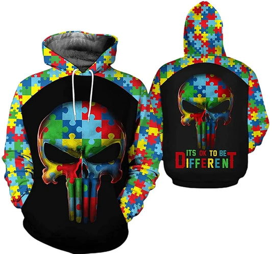 Autism Hoodie It's Ok To Be Diffrent Skull Puzzle Pieces Hoodie Colorful Unisex