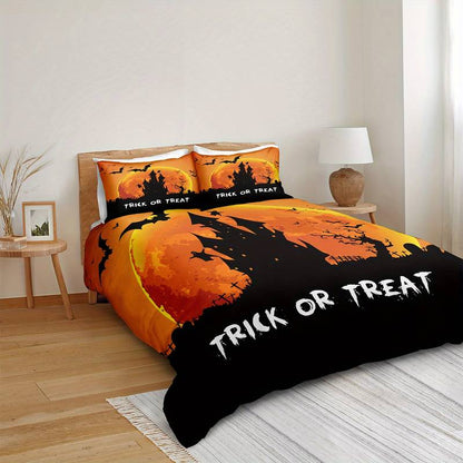 Halloween Bedding Set Ghost Castle Trick Or Treat Duvet Covers Orange Black Unique Gift