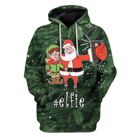 Christmas Elf Hoodie Elfie Taking Selfie With Santa Claus Green Hoodie