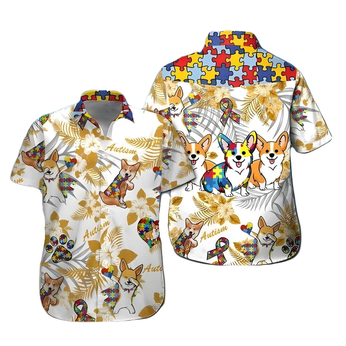 Autism Hawaii Shirt Corgi Dog Autism Awareness Tropical Pattern Aloha Shirt Yellow White Unisex