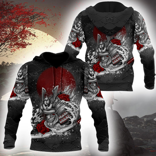  Japan T-shirt Japanese Skull Samurai Flower Black Grey T-shirt Hoodie Adult Full Print