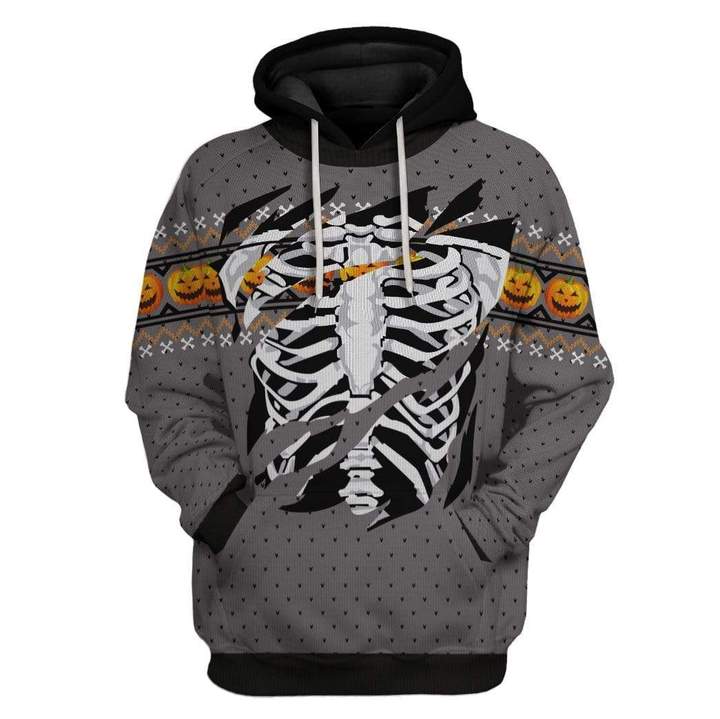 Skeleton Hoodie Skeleton Inside Halloween Pumpkin Grey Hoodie