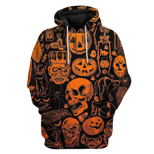 Halloween Hoodie Halloween Common Monsters Pattern Black Orange Hoodie Halloween Clothing