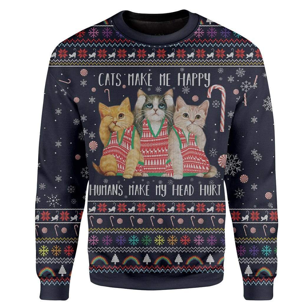 Cat Christmas Sweater Cats Make Me Happy Humans Make My Head Hurt Christmas Pattern Ugly Sweater