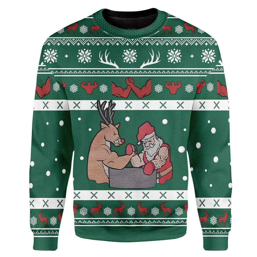 Reindeer Sweater Reindeer Arm Wrestling Santa Claus Christmas Pattern Ugly Sweater