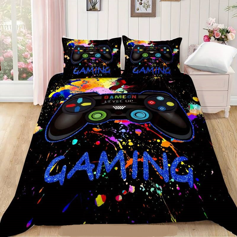 Game Bedding Set Game On Level Up Splashing Duvet Covers Black Unique Gift