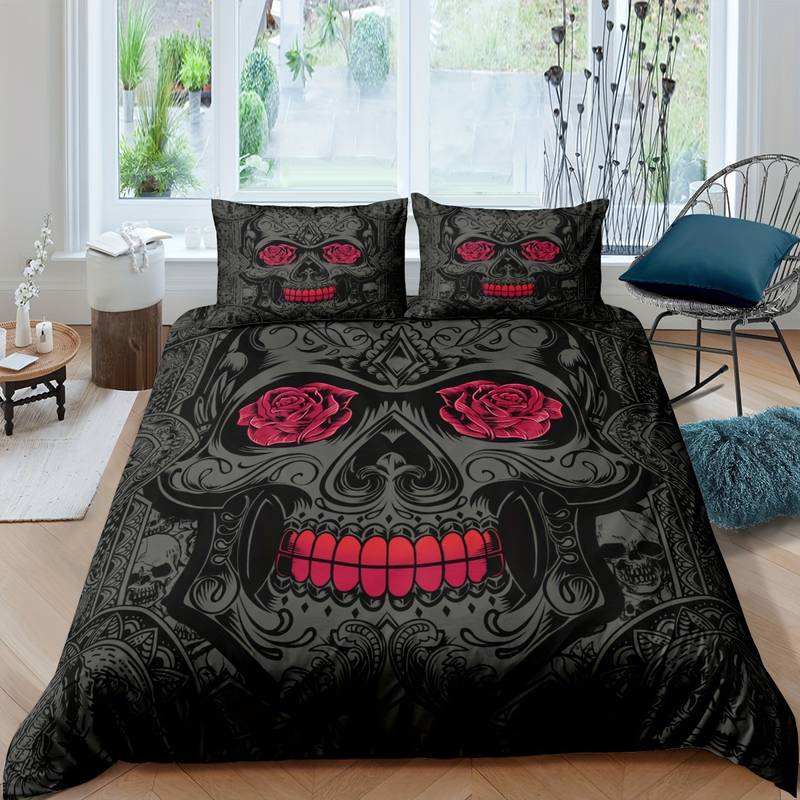 Skull Bedding Set Sugar Skull Roses Pattern Duvet Covers Black Unique Gift