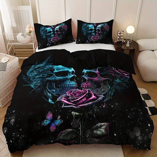 Skull Bedding Set Rose Ans Two Skulls Graphic Duvet Covers Black Blue Unique Gift