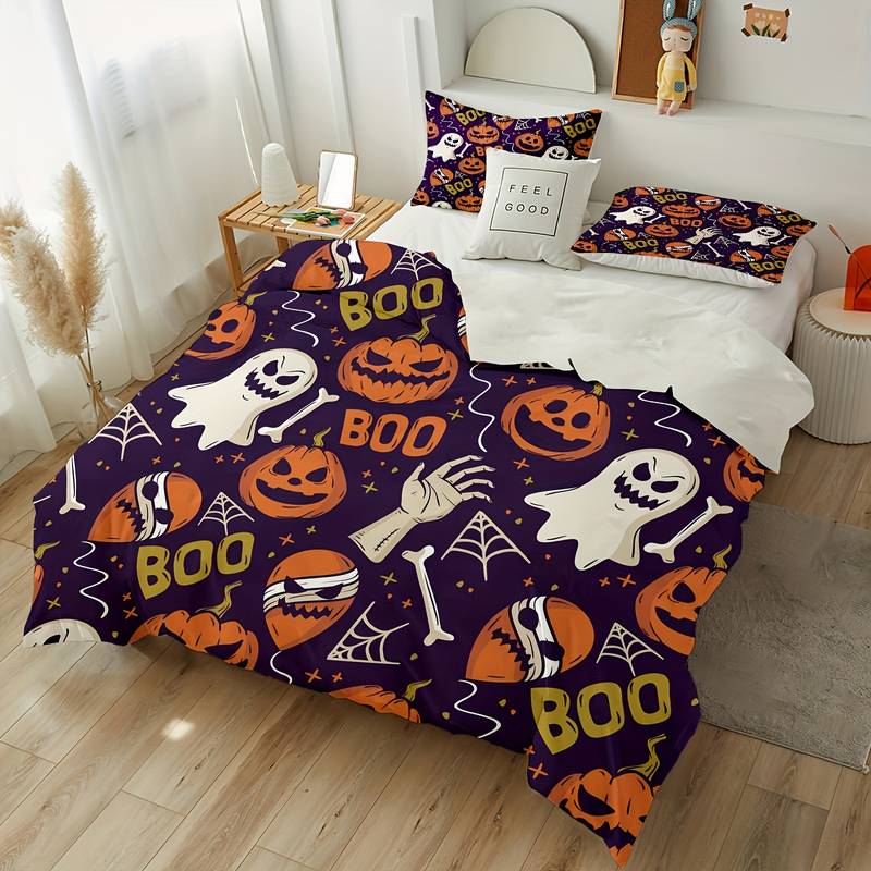 Halloween Bedding Set Halloween Boo Pumpkin Ghost Pattern Duvet Covers Purple Unique Gift