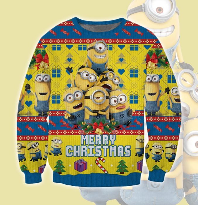 Minion Sweatshirt Minions Merry Christmas Pattern Sweatshirt Blue Yellow Unisex