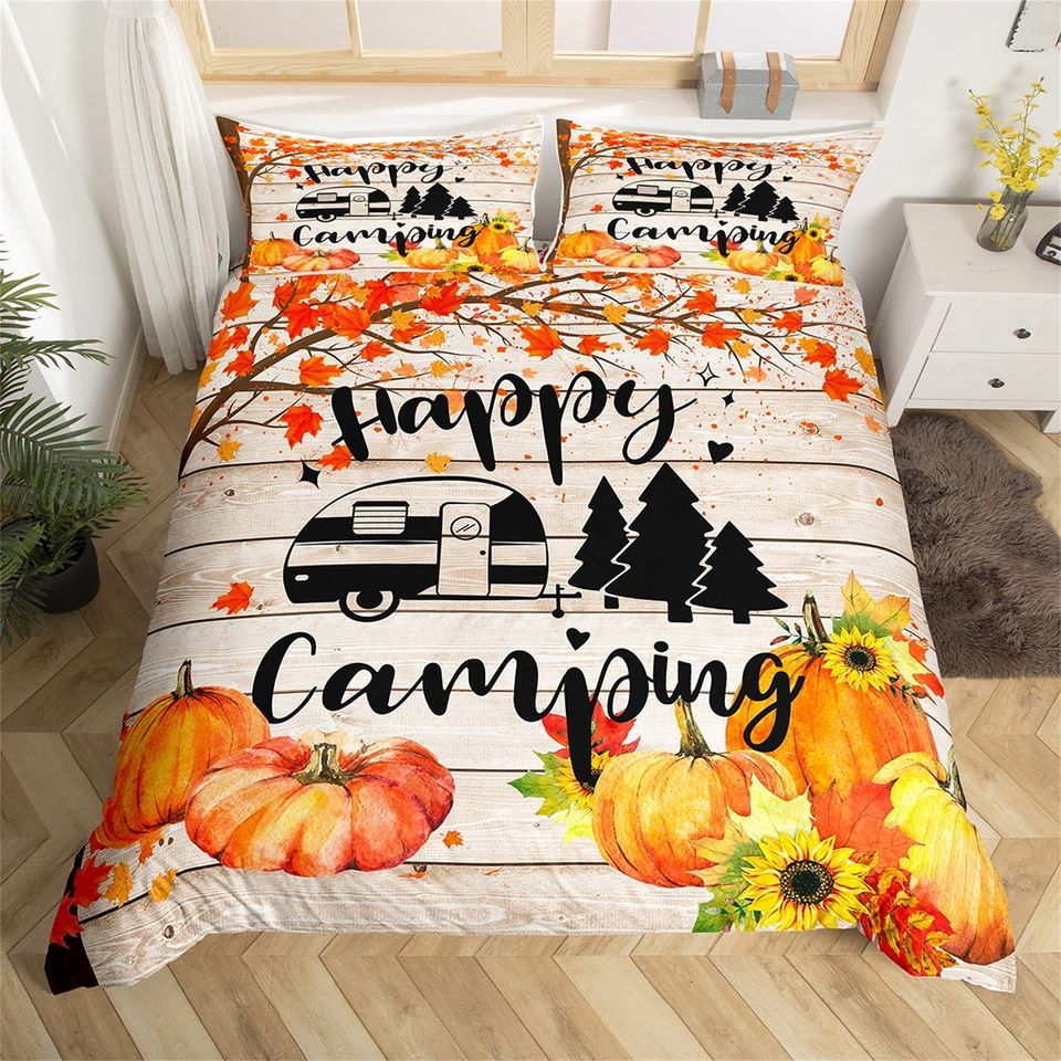 Camping Bedding Set RV Trailers Happy Camping Duvet Covers Orange Unique Gift