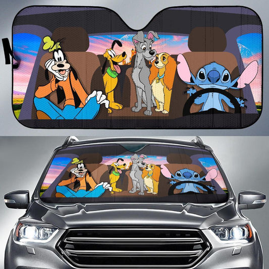 DN Car Sun Shade Stitch Pluto Goofy Lady And The Tramp Windshield Sun Shade