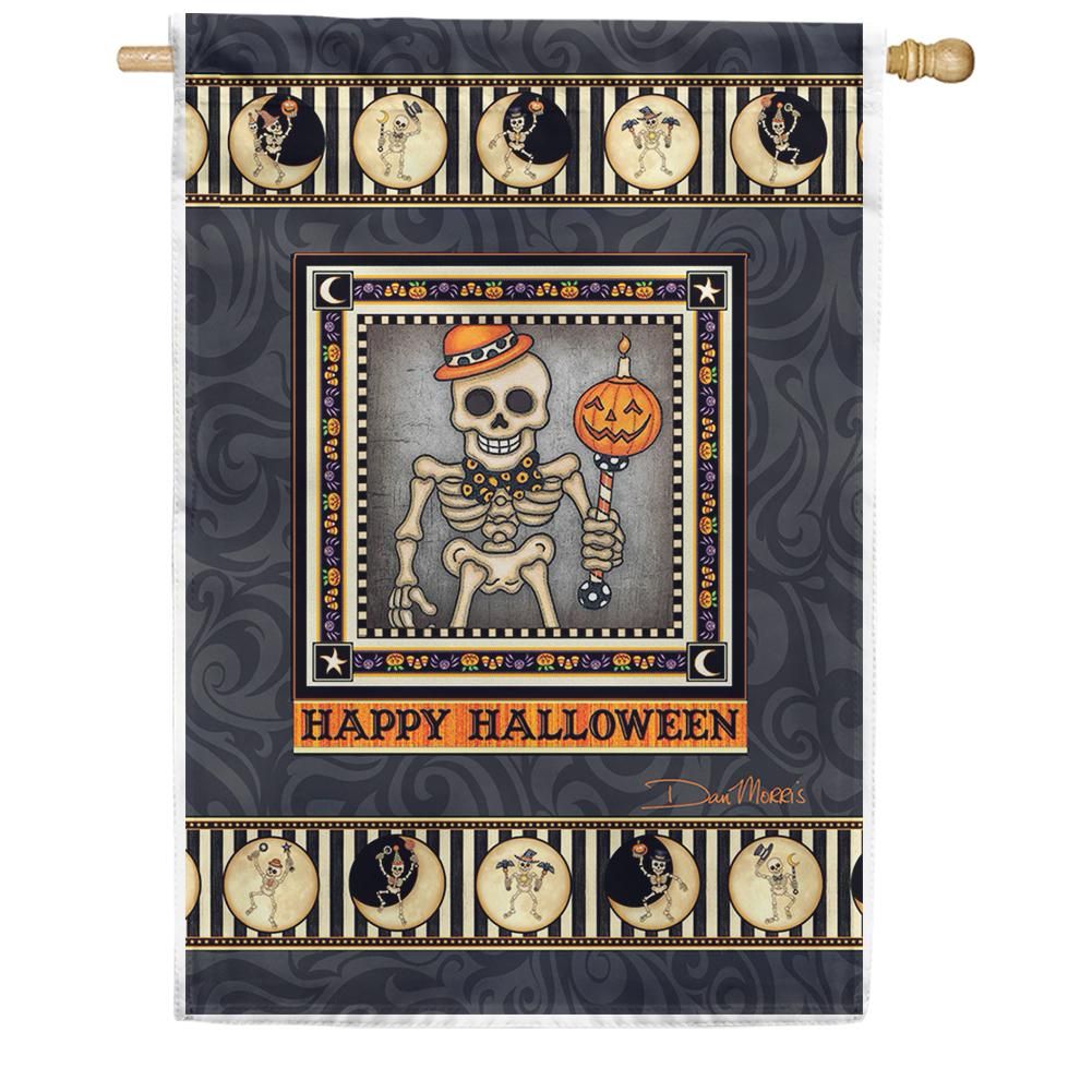 Halloween House Flag Skeleton Flags Happy Halloween Skeleton With Pumpkin Head Moon Grey House Flag