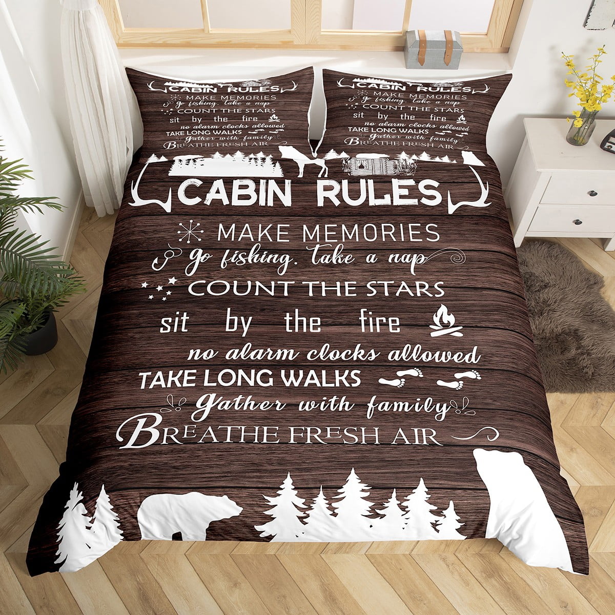 Camping Bedding Set Cabin Rules Make Memories Duvet Covers Brown White Unique Gift