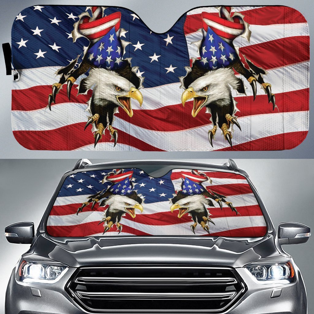  Veteran Car Sun Shade Two Bald Eagle Inside American Flag Auto Sun Shade