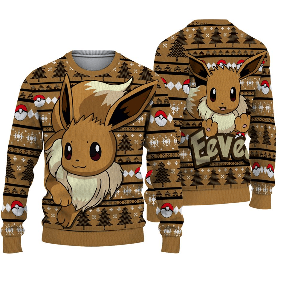 PKM Sweatshirt PKM Eevee Pokeball Christmas Tree Pattern Sweatshirt Brown Unisex