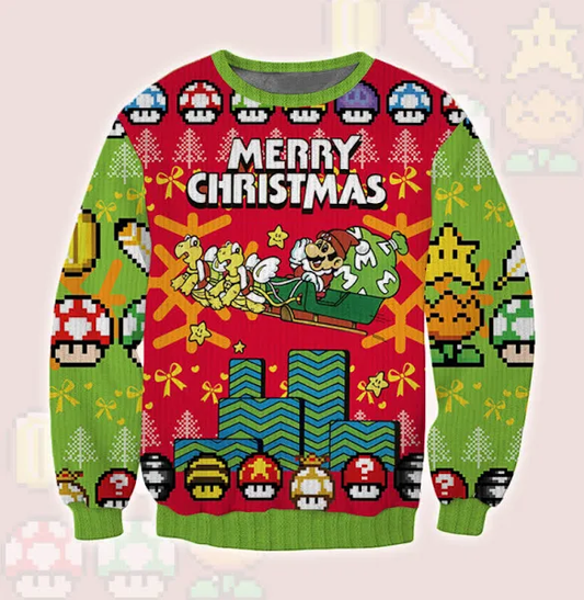 Mario Sweatshirt Marry Christmas Santa Mario Sweatshirt Red Green Unisex