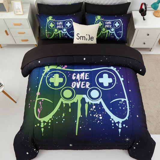 Game Bedding Set Game Over Handle Game Controller Drawing Duvet Covers Blue Green Unique Gift