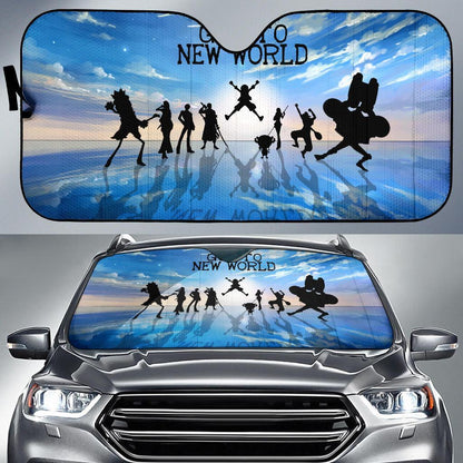  One Piece Car Sun Shades Go To New World Characters Silhouette Blue Windshield Sun Shade