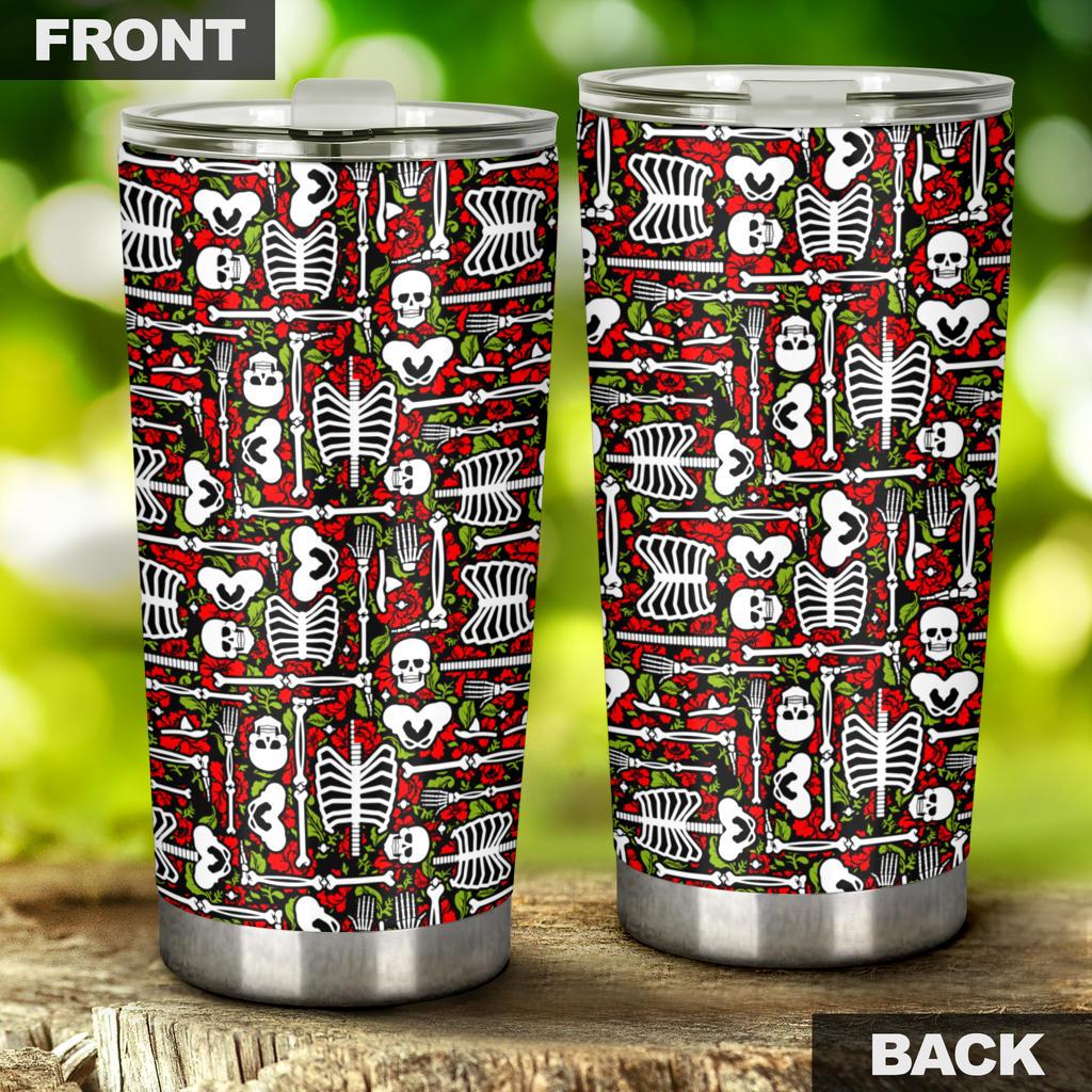 Skeleton Tumbler 20 Oz Skeleton Rose Flowers Red Tumbler Cup 20 Oz Halloween Tumbler