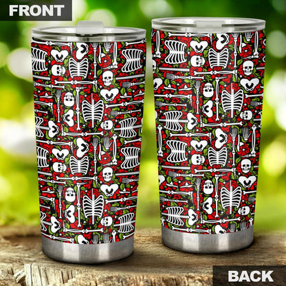 Skeleton Tumbler 20 Oz Skeleton Rose Flowers Red Tumbler Cup 20 Oz Halloween Tumbler