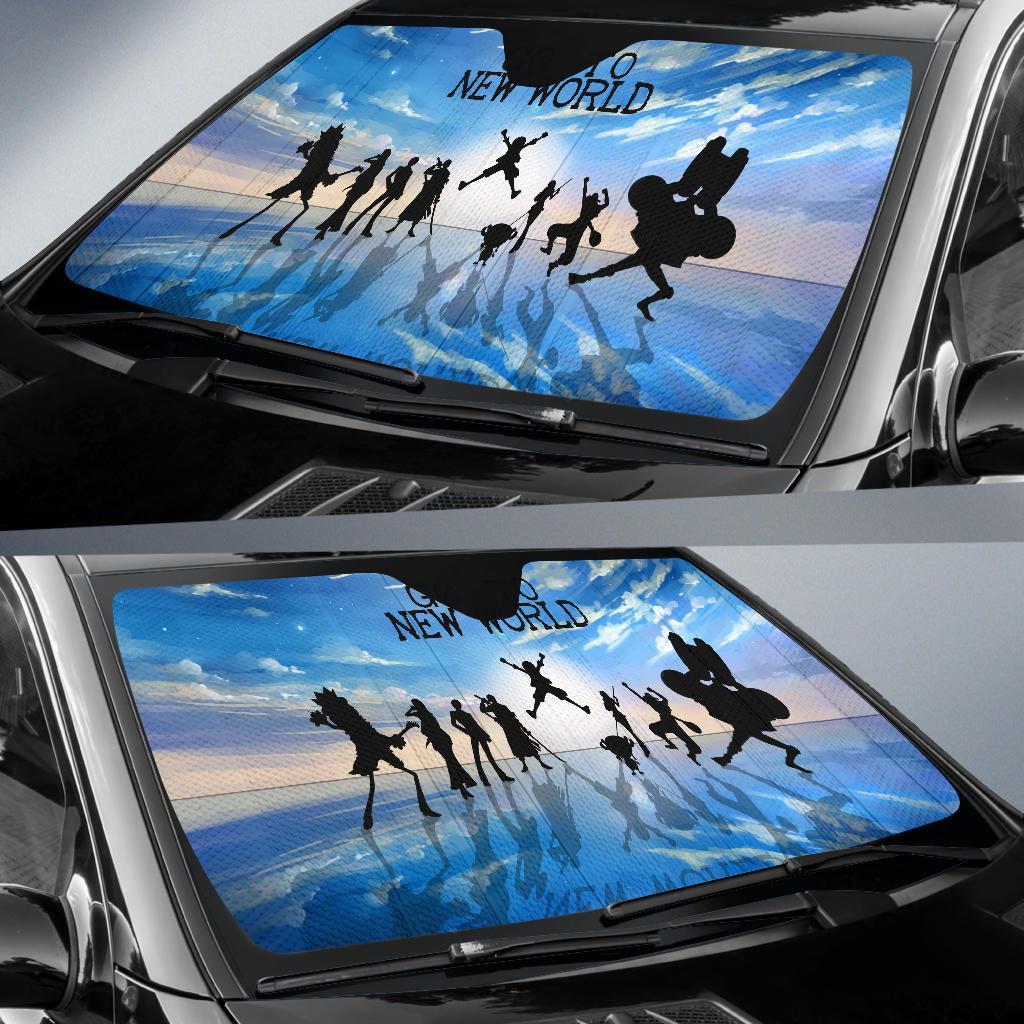  One Piece Car Sun Shades Go To New World Characters Silhouette Blue Windshield Sun Shade