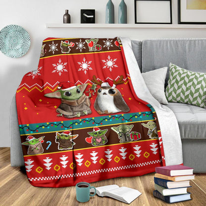 SW Blanket Grogu And Porg Christmas Pattern Red Blanket