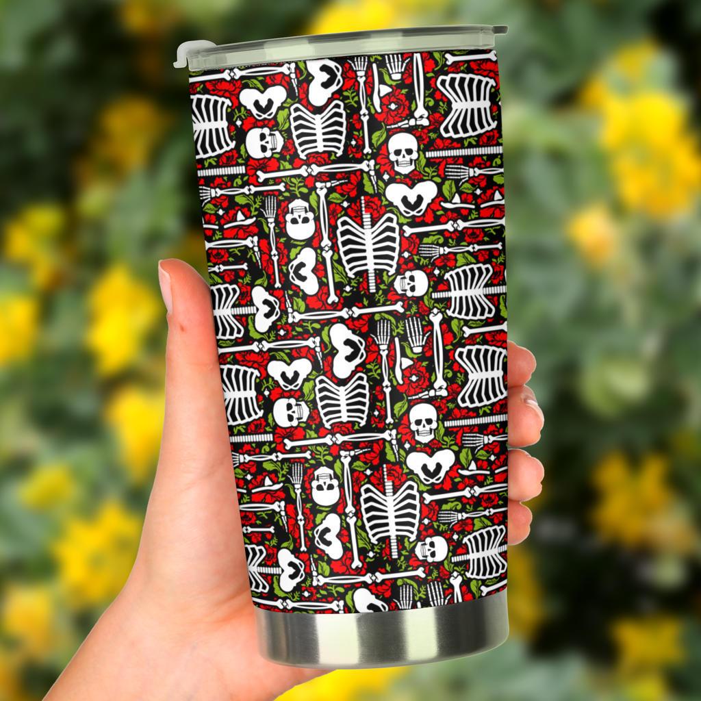 Skeleton Tumbler 20 Oz Skeleton Rose Flowers Red Tumbler Cup 20 Oz Halloween Tumbler