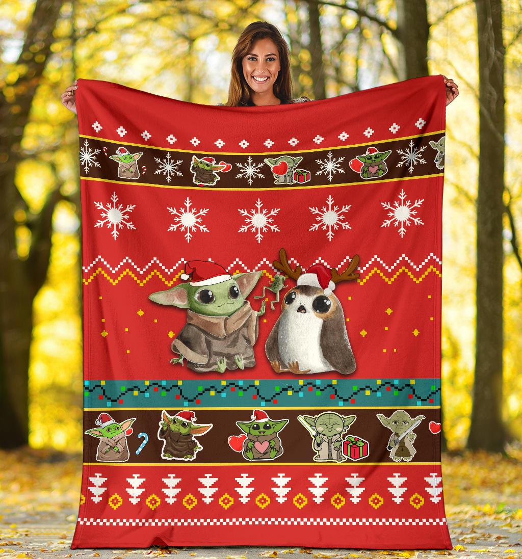 SW Blanket Grogu And Porg Christmas Pattern Red Blanket