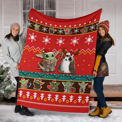 SW Blanket Grogu And Porg Christmas Pattern Red Blanket