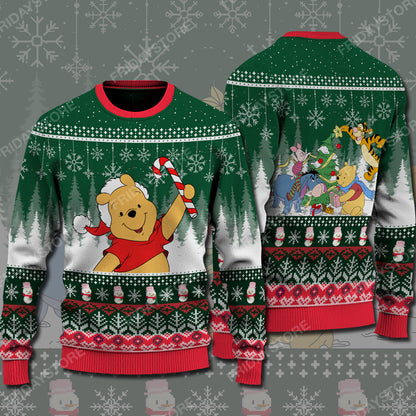 Unifinz DN WTP Sweater Pooh With Candy Cane Christmas Ugly Sweater Awesome DN WTP Ugly Sweater 2022