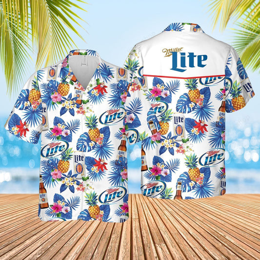 Beer Hawaiian Shirt Miller Lite Beer Palm Leaf Tropical White Hawaii Aloha Shirt Beer Hawaii Shirt