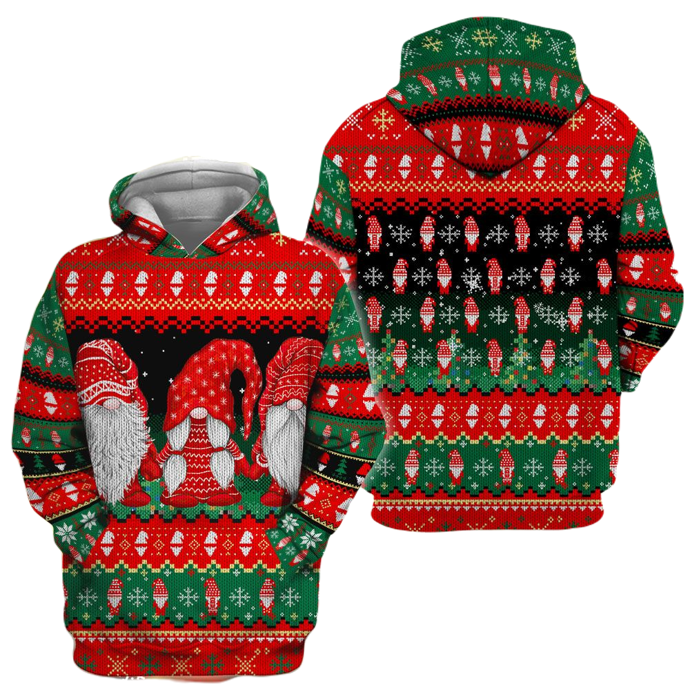 Gnome Hoodie Christmas Gnome Pattern Hoodie Red Green Unisex