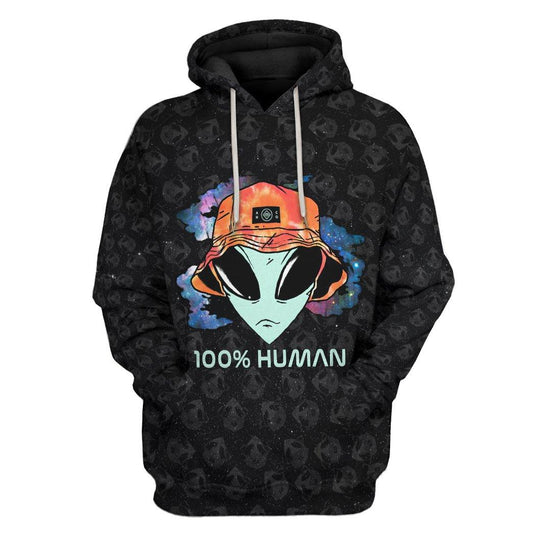 Unifinz Alien Hoodie 100% Human Alien Head Pattern Black Hoodie Apparel Adult Unisex Full Print 2022