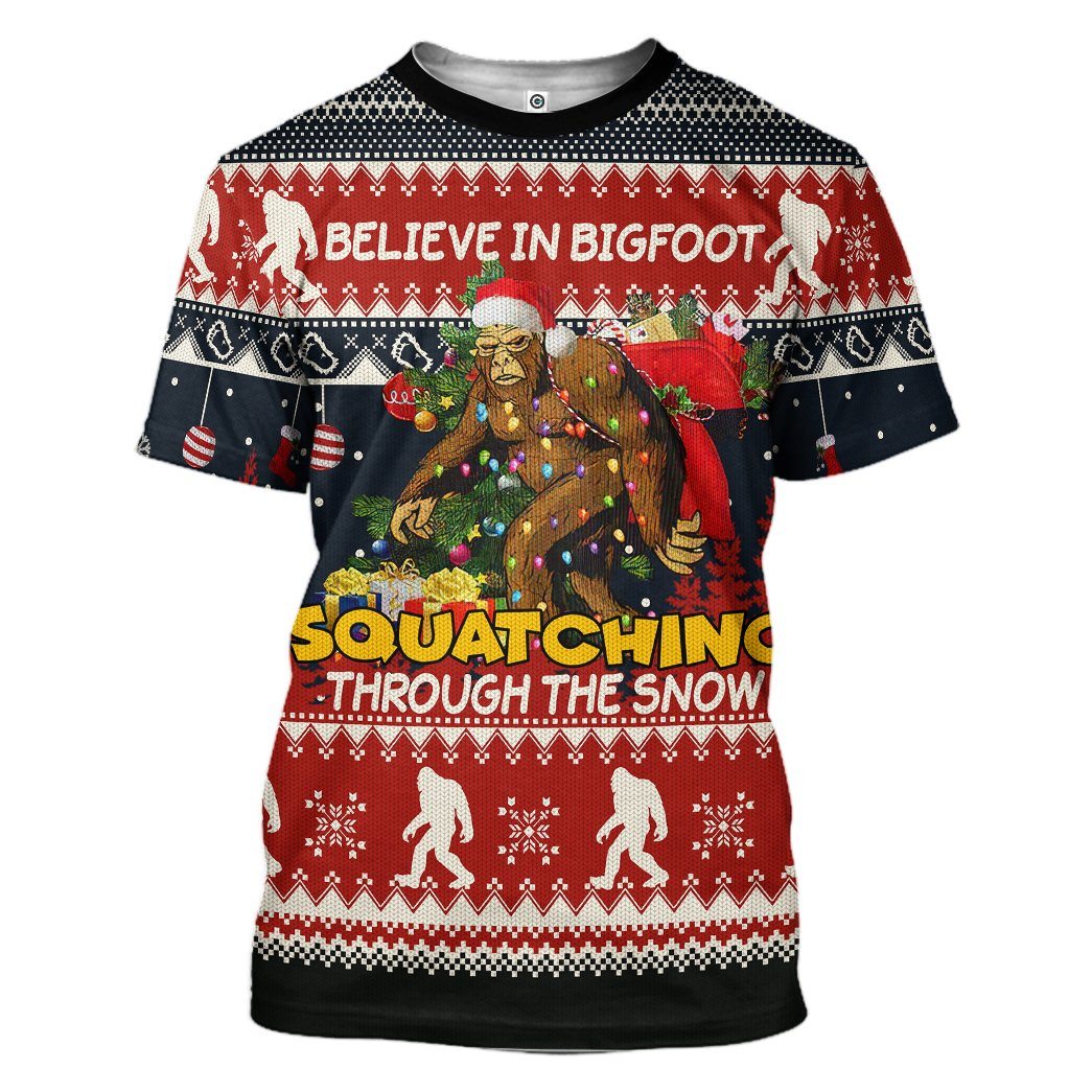 Unifinz Bigfoot Christmas Shirt Believe In Bigfoot Squatching Through The Snow T-shirt Hoodie Apparel Adult Unisex 2022
