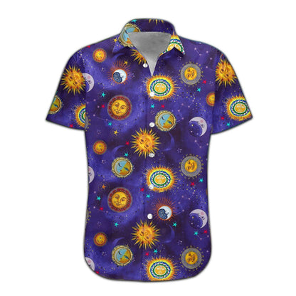  Hippie Shirt The Sun And The Moon Pattern Galaxy Blue Hawaiian Aloha Shirt