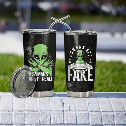 Unifinz Alien Tumbler Cup 20 oz Human Are Fake Green Alien UFO Black Tumbler Alien Travel Cup 2022