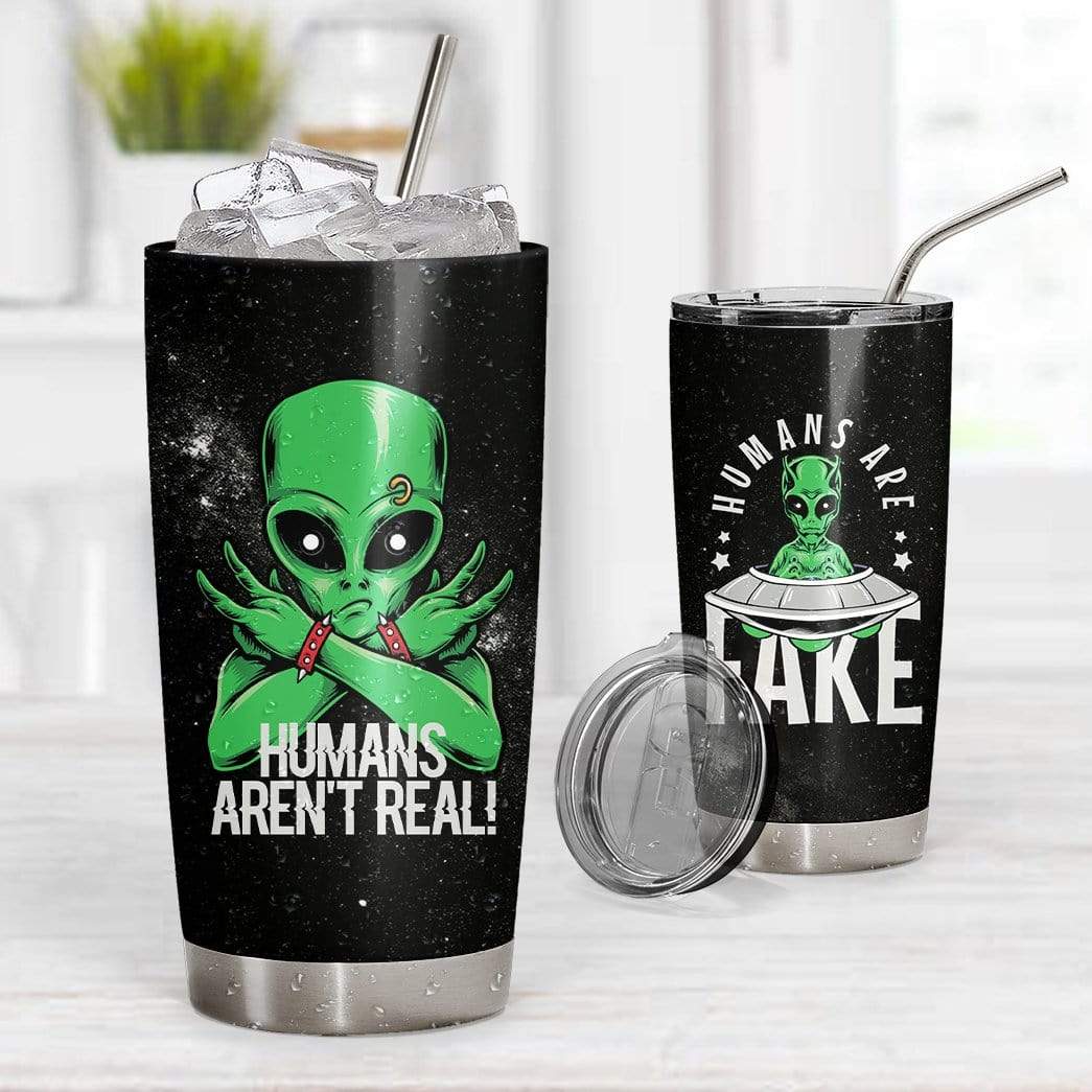 Unifinz Alien Tumbler Cup 20 oz Human Are Fake Green Alien UFO Black Tumbler Alien Travel Cup 2022