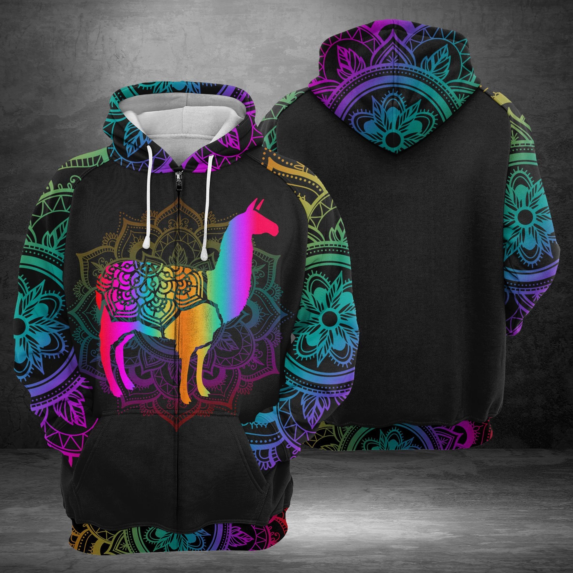 Llama Hoodie Llama Mandala Gradiant Color Black Zip Hoodie