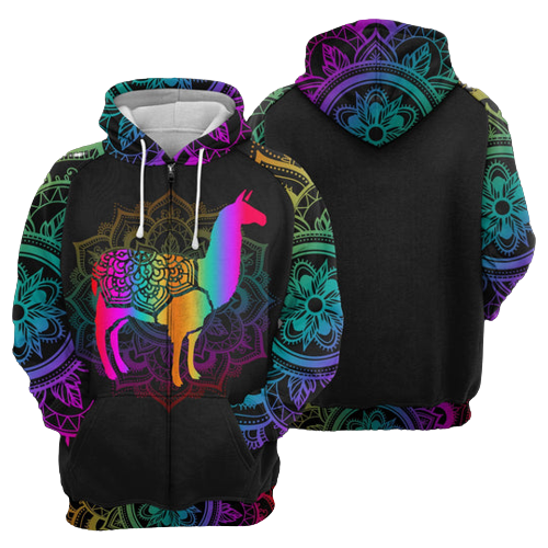 Llama Hoodie Llama Mandala Gradiant Color Black Zip Hoodie