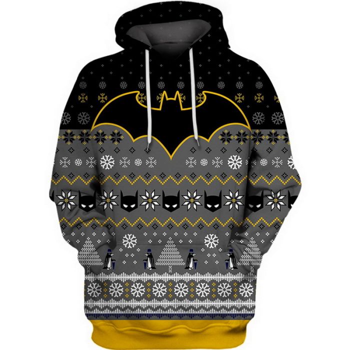 Batman Hoodie DC Batman Symbol Penquin Christmas Pattern Hoodie Black Gray Unisex