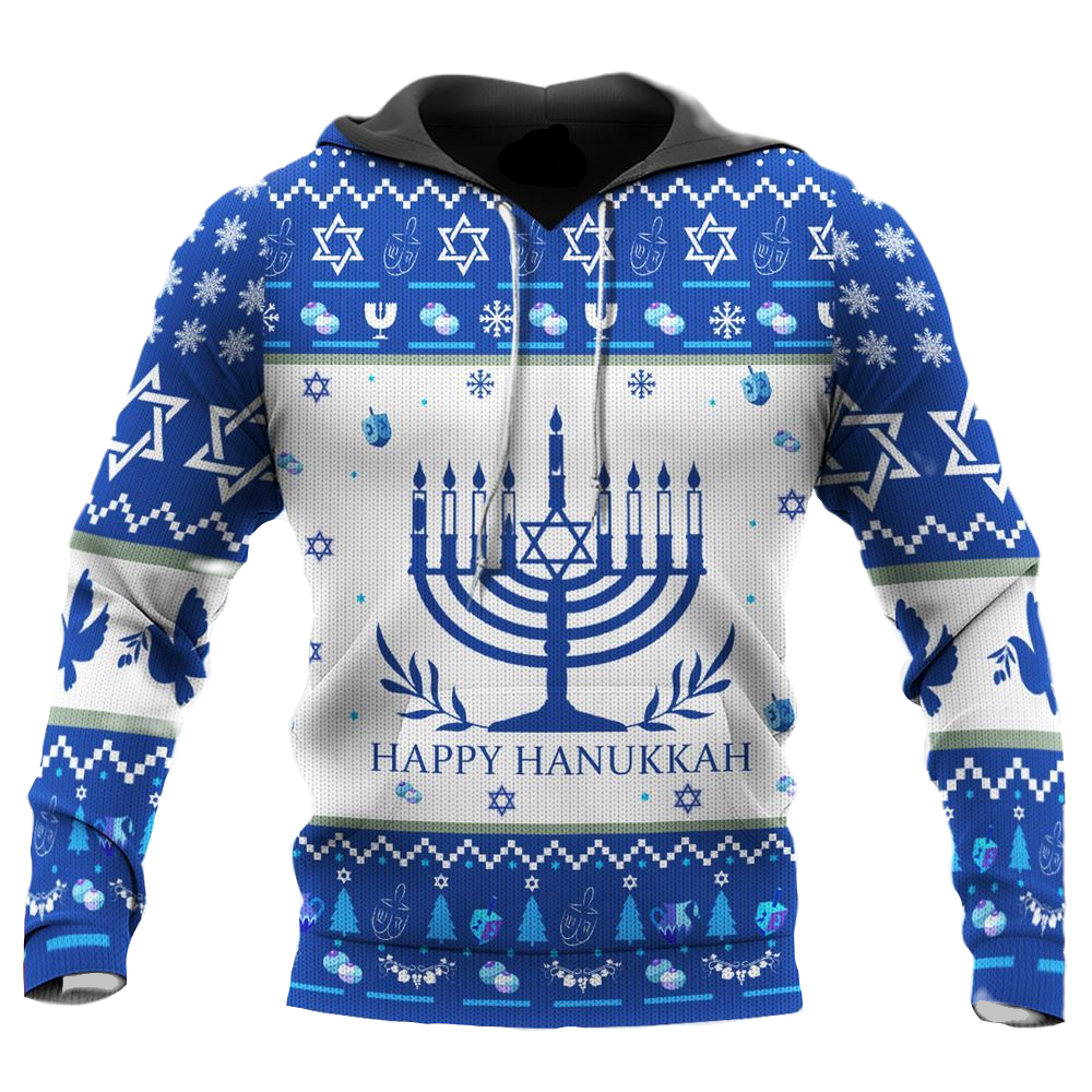 Hanukkah Hoodie Happy Hanukkah Star Of David Menorah Hoodie Blue White Unisex