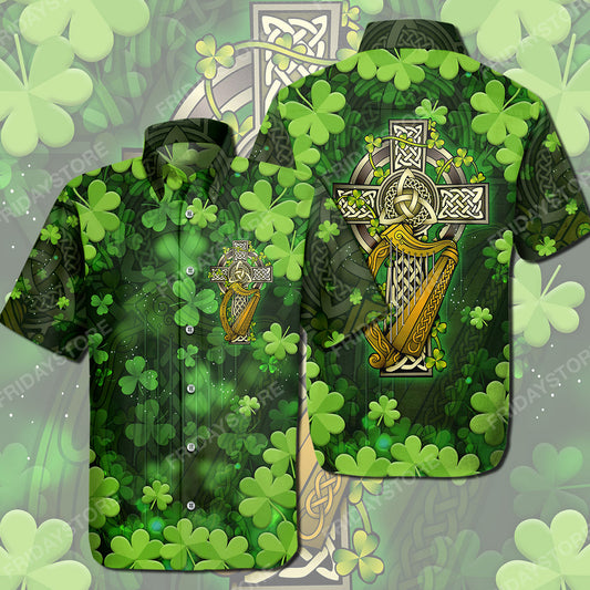 Unifinz St Patrick's Day Hawaiian Shirt Irish The Celtic Cross St Patrick's Day Hawaii Tshirt High Quality St Patrick's Day Aloha Shirt 2022