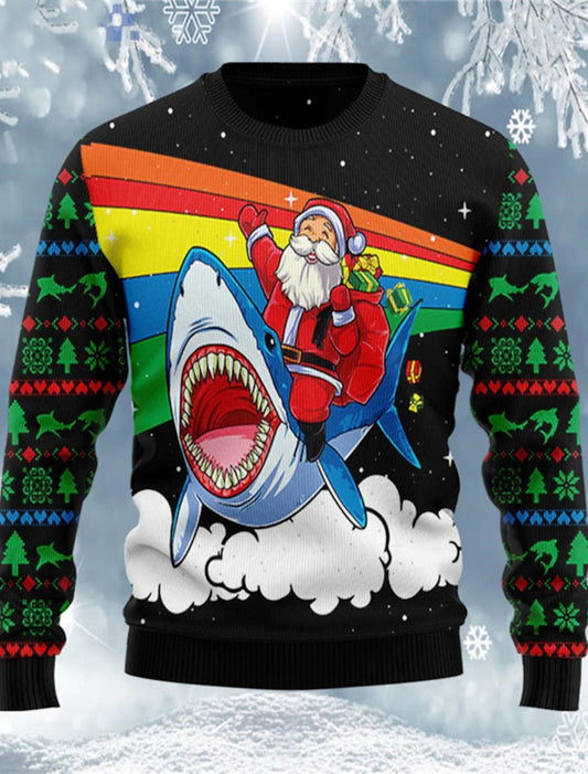 Christmas Sweatshirt Santa Claus Rides Shark Sweatshirt Colorful Unisex