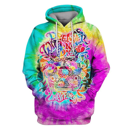  Hippie T-shirt Dream Will Never Die Happiness Car Tie Dye T-shirt Hoodie Adult Colorful Full Print